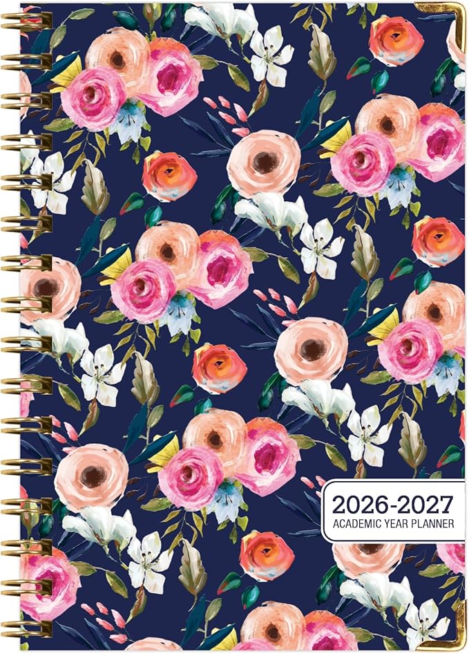 HARDCOVER Academic Year 2026-2027 Planner: 14 Months (May 2026 Through June 2027) 5.5"x 8" Daily Weekly Monthly Planner Yearly Agenda. Bookmark, Pocket Folder and Sticky Note Set (Small Navy Floral)
