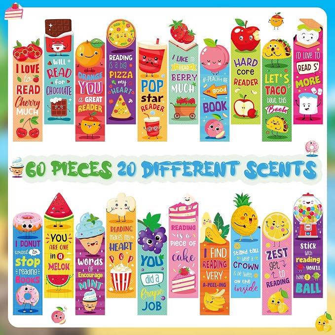 Lincia 60 Pcs Scratch and Sniff Scented Bookmarks Bulk Assorted Fruit Food Theme Smelly Bookmarks Gift for Fruit Lover 20 Styles