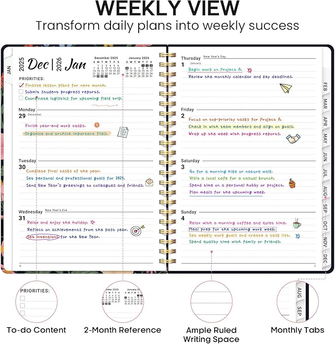 2026 Planner, Weekly and Monthly Calendar Planner Book, January 2026 - December 2026, Hardcover Spiral Planner with Monthly Tabs, Notes Pages, Perfect for Women & Men, A5 (6.4" x 8.5") - Bird
