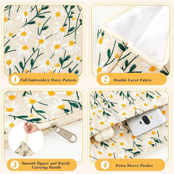 12''x9'' Daisy Embroidered Book Sleeve with Cotton Lining with Handle and Zipper Book Protector for Paperback and Hardcover, Christmas Ideal Gift Book Sleeve Pouch for Book Lovers(White)