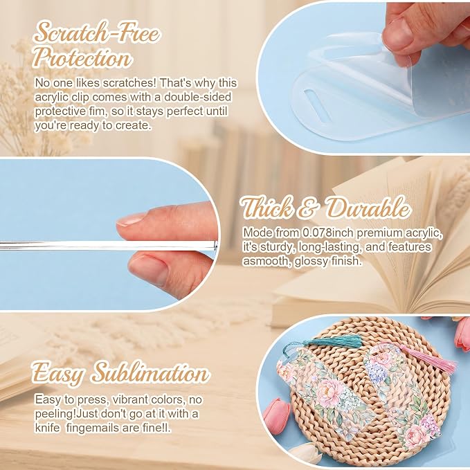 Fumete 50 Pcs Sublimation Blank Bookmark Heat Transfer Acrylic DIY Bookmark with Hole and Colorful Tassels for Graduation Crafts Birthday Sublimation Blank Keychains, Single Sided Printing