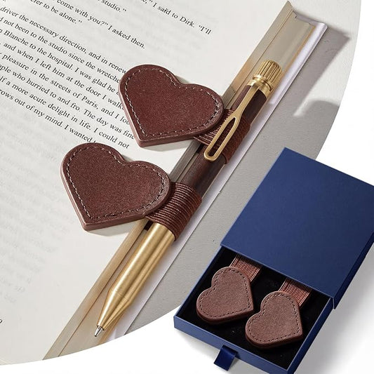 2Pcs Magnetic Leather Bookmarks with Gift Box Heart-Shaped Magnetic Pen Holder Book Marks Clip Gift for Book Lover Readers Cute Bookmark for Women, Brown