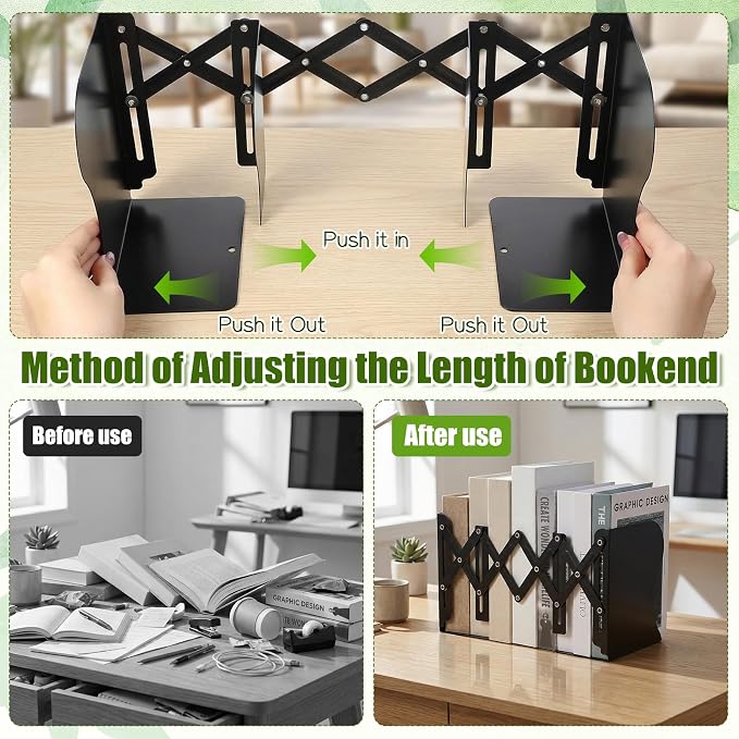 2 Pcs Adjustable Bookends, 2 Dividers, Metal Book Ends for Heavy Books Anti-Slip Book Organizer for Desk Shelves Office, Extends up to 19 inch (Black)