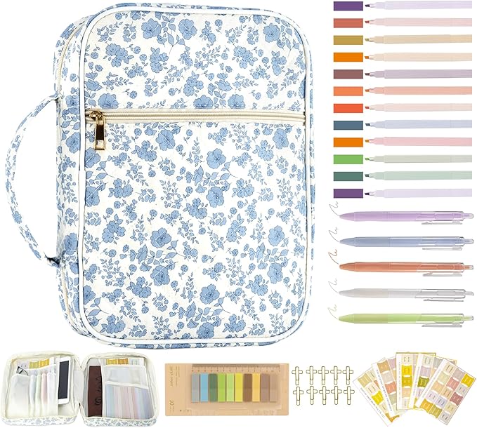 Bible Cover Case for Women, Large Bible Bag with Bible Study Supplies Accessories Christian Gifts for Women, Portable with Sturdy Handle and Highlighters, Blue Flower
