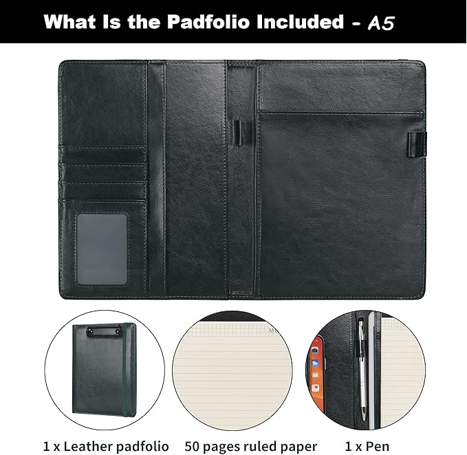 Wonderpool A5 PU Leather Clipboard Partfolio Recipe Binder Notepad Forms Holders Document Case - Interview Planner Meeting Writing Padfolio File for Office Travel School Hotel Restaurant (A5,Green)