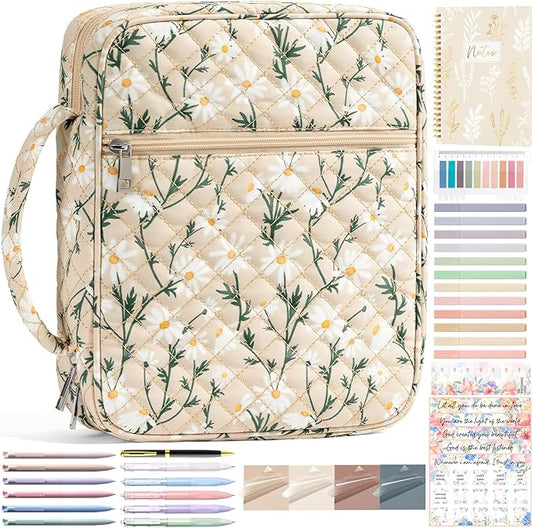Bible Cover Case for Women Large Bible Bag, Bible Study Supplies Journaling Kit Quilted Church Bag with Handle, Puffer Book Carrying Case w/Tabs Accessories Kit Christmas Christian Gifts for Women Mom