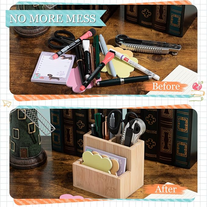 Maitys Bamboo Wood Pen Holder for Desk Wooden Pencil Remote Control Organizer with 3 Compartments Small Desk Accessories for Workspace Home Office Classroom Bathroom