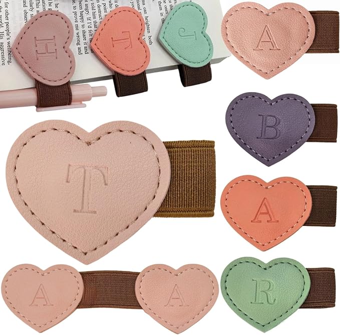 Personalized Magnetic Leather Heart Bookmark with Pen Holder - 26 Letters Custom Book Mark Notebook Pencil Loop with Initial Book Marker for Readers, Book Lovers- Gifts for Women Men(Pink,T)
