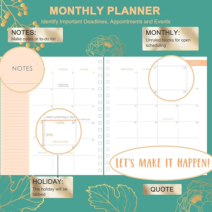 CAGIE 2026 Planner Weekly and Monthly， Jan - Dec 2026 8.3 x 9.3 Inch Hardcover Spiral Bound, 13 Monthly Dividers Tabs, Stickers, Floral Daily Planner for Women Perfect 2026 Yearly Calendar Planner