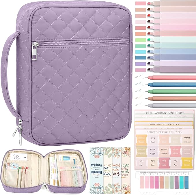 XKDOUS Quilted Bible Cover Case with Bible Study Accessories Kit, Waterproof Large Capacity Bible Bag for Women, Portable for Church Study, Multiple Morandi Color Options (Dusty Lavender)