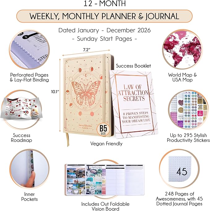 Deluxe 2026 Planner Weekly and Monthly | Law of Attraction Planner with Productivity App | 12-Month for Productivity, Gratitude & Goal Setting | Includes Foldable Vision Board, Gift Box & Stickers