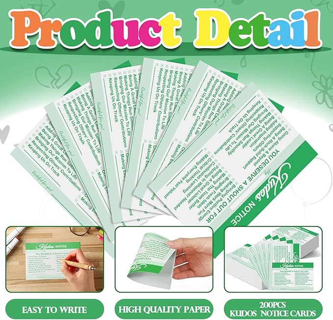 Motiskyy 200 Count Kudos Cards Positive Shout out Cards for Staff Teachers Students Employees Office Appreciation Green Recognition Reward Card for Class School or Work Bulletin Board