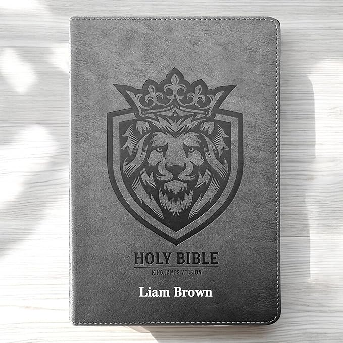 Custom KJV Holy Bible with Personalized Name Silver Imprint | Gray Faux Leather King James Version | Lion Emblem Cover | Silver Gilded Pages | Gift Bible for Religious Occasions | Small 8pt Text