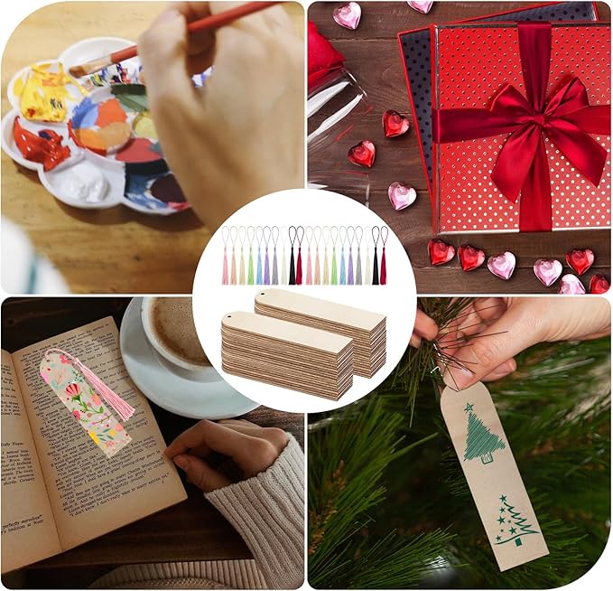 100Pcs Unfinished Wooden Bookmarks with Colorful Tassels, 1.25"x4.7" DIY Blank Ornament Wooden Bookmarks Kit for Wedding Favors, Christmas Gifts, Birthday Party & Kids’ Art Projects