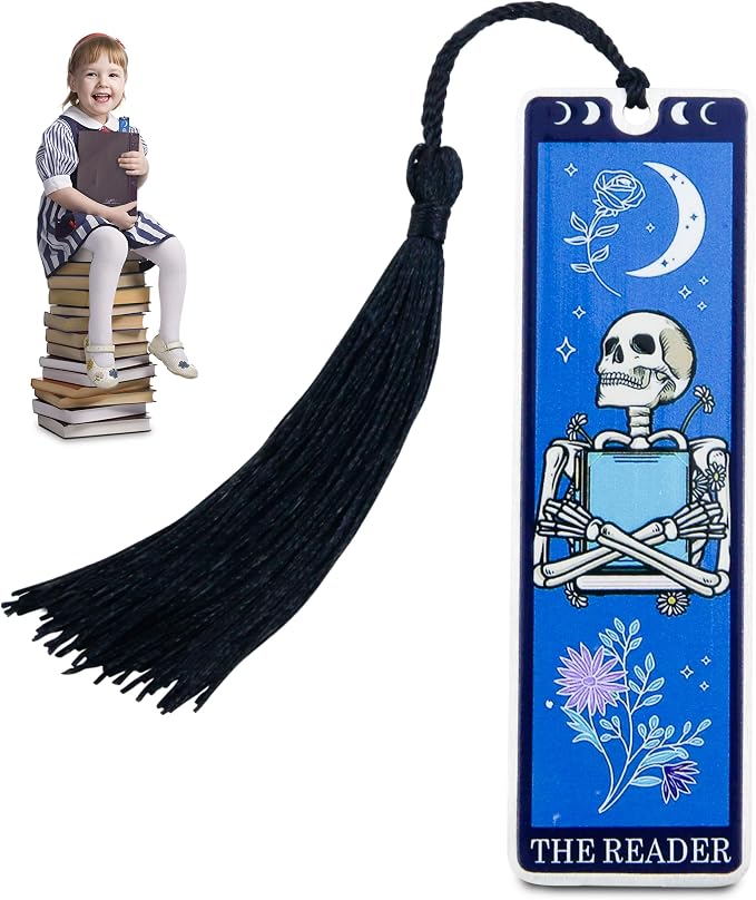 Skeleton Tarot Metal Bookmark with Tassels – Funny Gothic Horror Bookmarks, Unique Skull Tarot Card Bookmark for Book Lovers – Perfect Gift for Women, Men, Teens on Christmas (Blue)