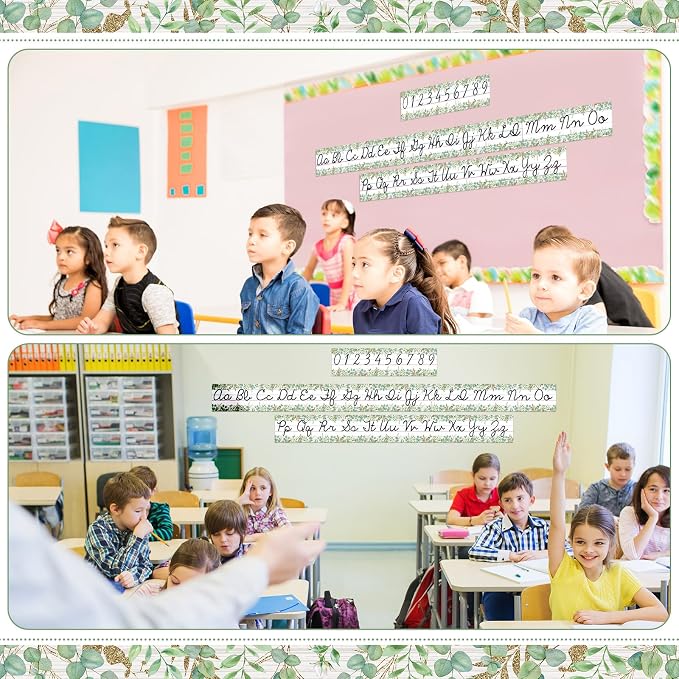 Set of 9 Cursive Writing Bulletin Board Cursive Alphabet Wall Strip for Teacher Supplies, Classroom Teaching Tool, Homeschooling, Kids Education (Eucalyptus)