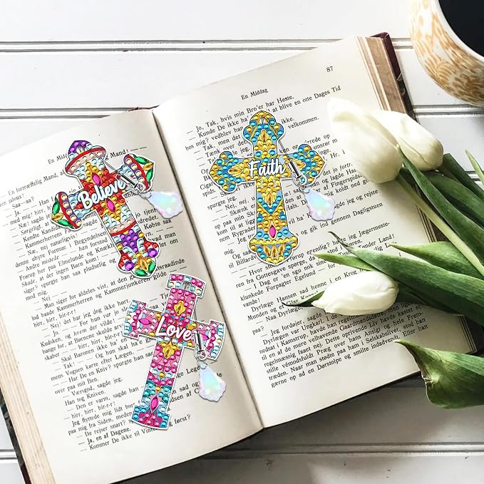 Cross Diamond Art Bookmark Kit: 8 Pcs Christian Bookmarks with Pendant, Spiritual Diamond Painting Book Mark Gifts for Reading Lovers DIY Crafts