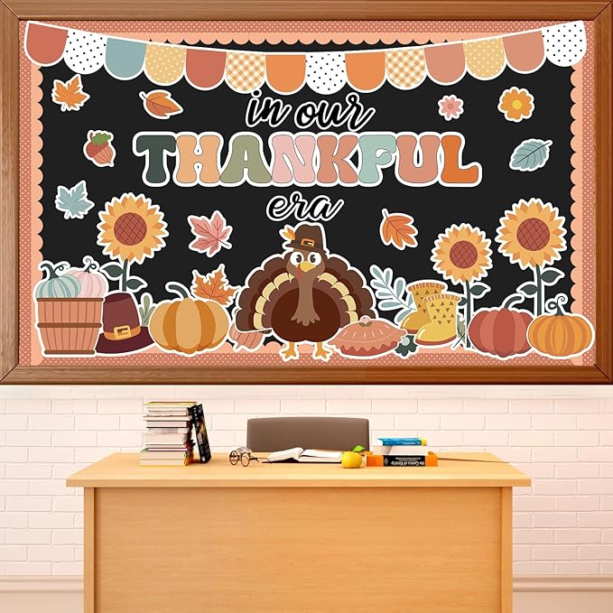 Thanksgiving Turkey Bulletin Board Set in Our Thankful Era Classroom Bulletin Board Decoration Fall Turkey Pumpkin Maple Leaves Paper Cutout for Classroom School Home Chalkboard Wall Decor