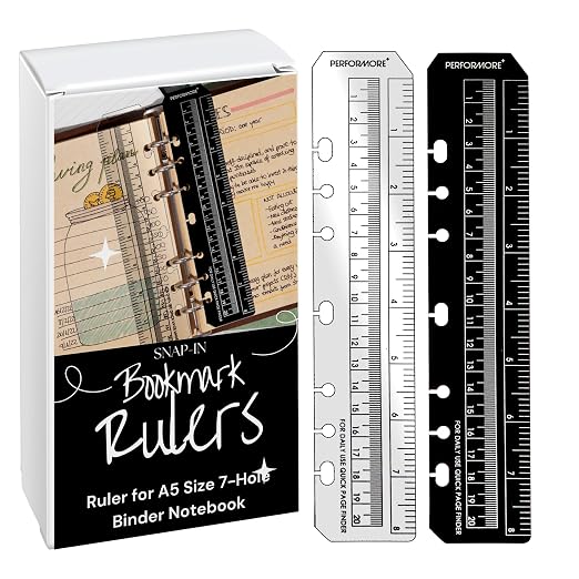 Performore 7 Holes Snap-in Bookmark Ruler | 8 Inch (20cm) Dual-Sided Measuring Tool | Fits A5 Notebooks & 5.5-Inch Binders | Black and Transparent Rulers