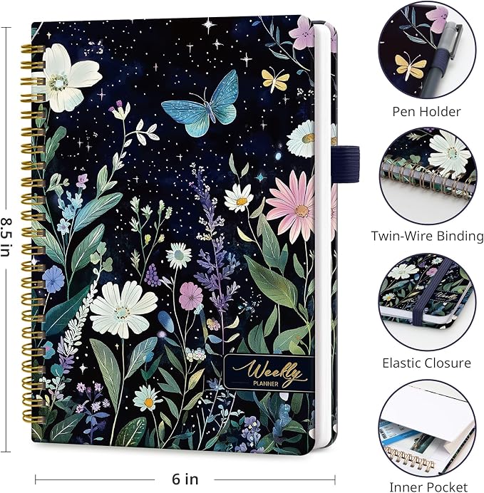 Taja Undated Weekly Planner, Weekly To Do List Notebook with Goal & Habit Tracker Organizer, A5 Weekly Planner Notebook with Spiral Binding, 6.1" x 8.2" - Celestial Garden