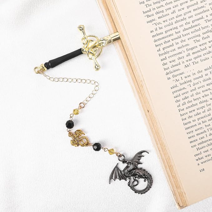 Fantasy Dragon Sword Bookmark - Wing Metal Book Marks Crystal Beads Dragons Fourth Chain Page Mark Bookish Birthday Gifts Reading Accessories for Men Women Students Teachers Lovers Readers
