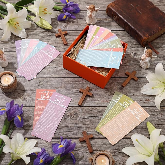 Motiskyy 100 Pcs Christian Bible Verse Emergency Numbers Bookmark Religious Church Gift 2.36 x 6'' Catholic Books of The Bible Card for Women Men Retreat Sunday School(Pastel Color)