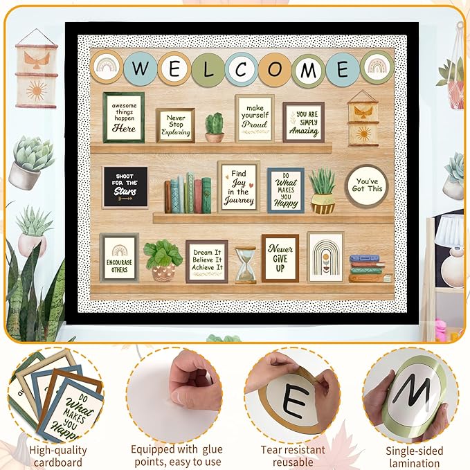 Welcome Back to School Bulletin Board Decorations, Boho Classroom Decor, Greenery Plant Bookshelf Inspirational Affirmation Cutouts for Teacher Welcome School Supplies Classroom Door Wall Decor