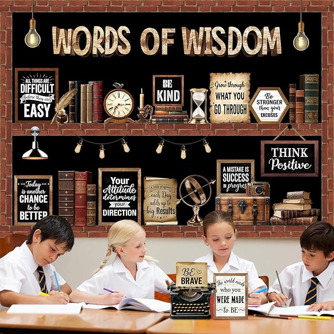Mooliwe 57 Pcs Industrial Chic Bulletin Board Set Inspirational Rustic Classroom Decoration Farmhouse Bulb Typewriter Brick Cutout for School Office Chalkboard Door Wall Decor