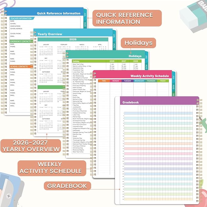 Teacher Planner 2026-2027 - Academic Planner Teacher Lesson Planner 2026-2027, July 2026 - June 2027, 8.5" x 11", Lesson Plan Book, Weekly & Monthly Lesson Calendar with with Colorful Laminated Tabs, Quotes, Inner Pocket