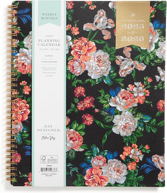 Blue Sky Day Designer 2025-2026 Weekly and Monthly Academic Year Planner Calendar, July 2025 - June 2026, 8.5" x 11", Flexible Cover, Wirebound, Rose Garden