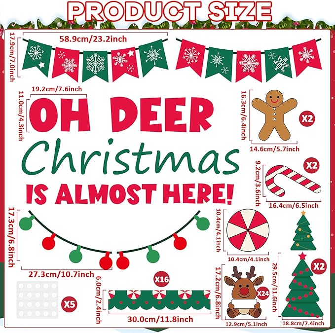 Justforjoyful Christmas Bulletin Board Decoration Christmas Deer Classroom Bulletin Board Set Xmas Reindeer Name Tag Snowflake Candy Cutouts for School Chalkboard Wall Winter Holiday Party Supplies