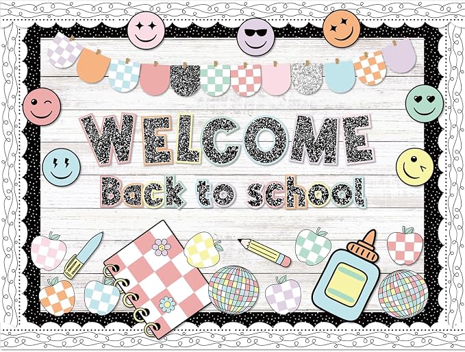 Mooliwe 94pcs Composition Notebook Bulletin Board Welcome Back to School Classroom Bulletin Board Decor Smile Face Stationery Paper Cutout for First Day of School Chalkboard Wall Door(Classic)