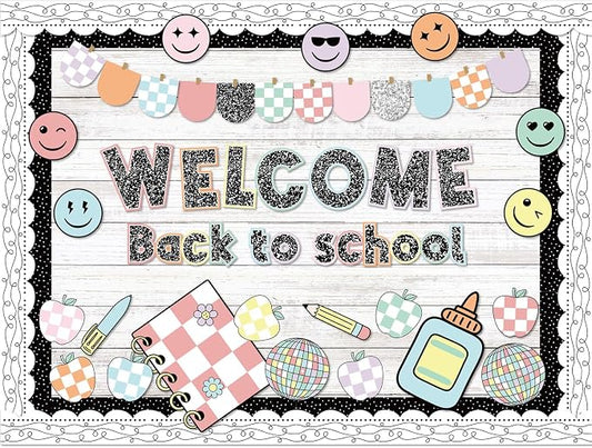 Mooliwe 94pcs Composition Notebook Bulletin Board Welcome Back to School Classroom Bulletin Board Decor Smile Face Stationery Paper Cutout for First Day of School Chalkboard Wall Door(Classic)