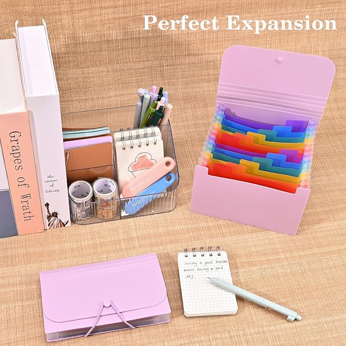 2Pcs Receipt Coupon Holder Organizer, 13 Pockets Small Accordian File Organizer, Expanding File Folder with Colorful Tabs, A6 Size for Cards, Check, Tickets, Monthly Bills Storage (Purple)