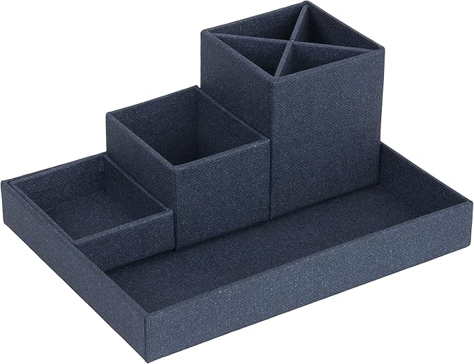 Bigso Box of Sweden Desk Storage Organiser for Stationery - Pen Holder with 4 Compartments for Various Office Items - Fibreboard and Paper Stationery Storage - Blue