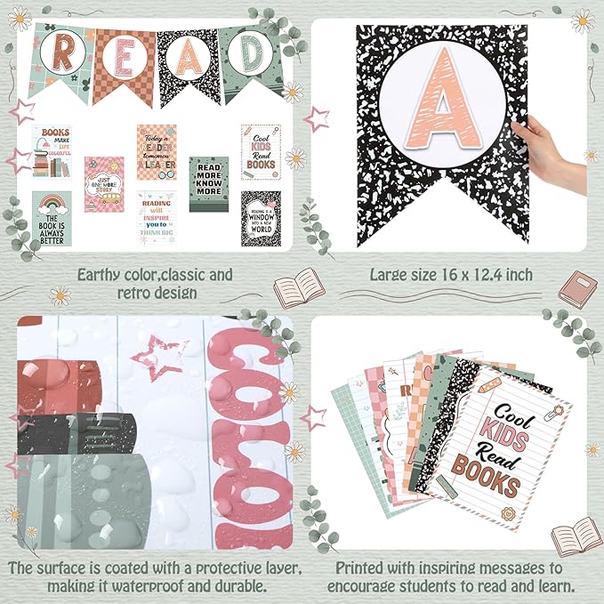Reading Classroom Decorations Library Posters Bulletin Board Sets for Elementary Classroom Pennants Decor for Back to School Nursery Library Teacher Supplies (Classic Colors)