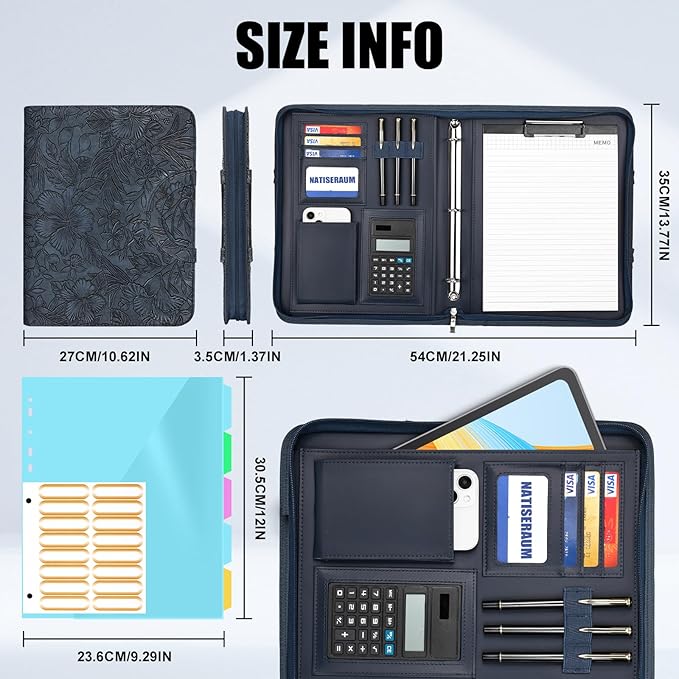Portfolio Binder 3 Ring Includes Pen and 5 Dividers with 10 Pockets, Padfolio Organizer with Magnetic Handle for Men and Women, Includes A4 Notepad for Business, School, Work