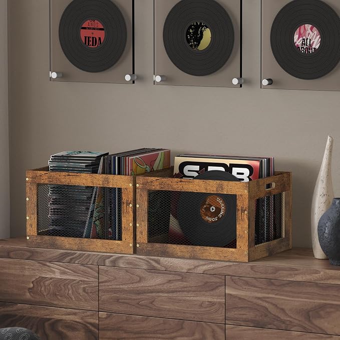 2 Pack Record Storage Box Stackable Vinyl Record Holder Large Capacity Record Crate for Albums, Books, Sheet Music, Rustic Brown