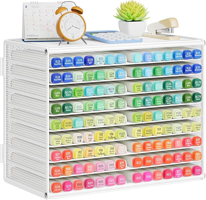 Marbrasse Mesh Marker Organizer, Metal Desktop Storage Rack for 126 Markers, Pens, Pencils, 9 Tier Marker Holder for Office Classroom & Home Art Supplies(White)