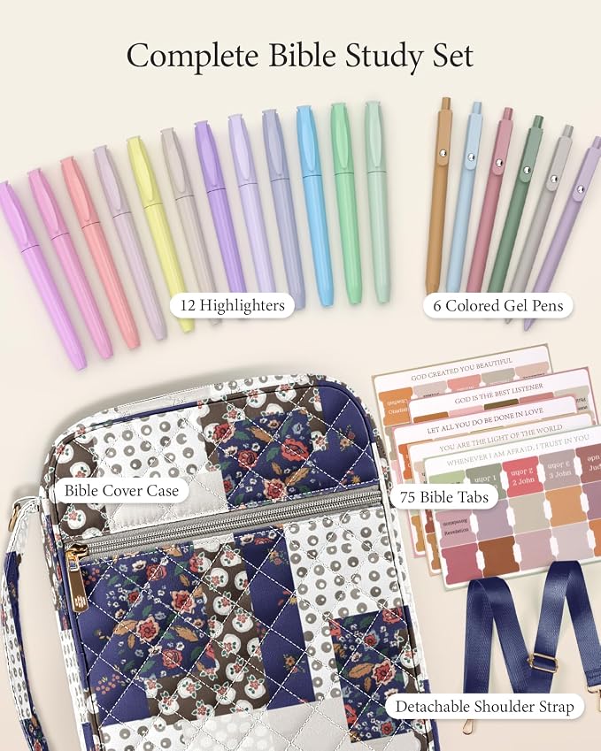 BellaHold Bible Cover Case for Women, Large Bible Bag with Detachable Strap & Bible Study Supplies, 12 Highlighters, 6 Colored Gel Pens & 75 Bible Tabs, Christian Gifts for Women (Navy Patchwork)