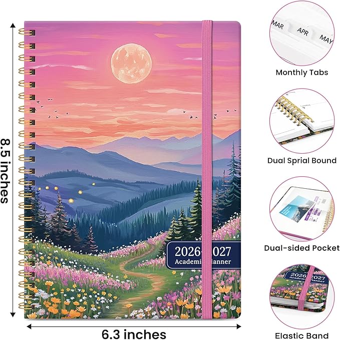 2026–2027 Academic Planner, Weekly and Monthly Planner for Women, July 2026 - June 2027, Pretty Hardcover 2026–2027 Academic Planner with Tabs, Inner Pocket, Spiral Bound, Perfect Office Home School Supplies - 6.3" x 8.5", Dreamscape Hills