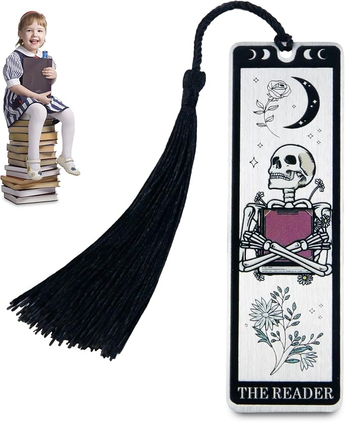 Skeleton Tarot Metal Bookmark with Tassels – Funny Gothic Horror Bookmarks, Unique Skull Tarot Card Bookmark for Book Lovers – Perfect Gift for Women, Men, Teens on Christmas (Transparent)