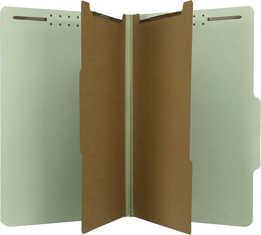 The File King Pressboard Classification Pale Green Partition File Folder | Legal Size - Box of 10 | Two Dividers | Six 2” Durable Fastener Prongs | 2/5 Cut Top Tab | 2” Expansion