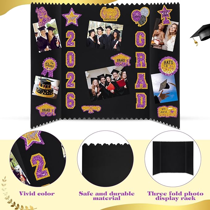 AmazingSpark 4 Sets Graduation Photo Display Board Trifold Poster Board with 12 Graduation Themed Stickers for 2026 Grad Party Decoration Picture Collage Frame Supplies (24 x 16,Purple Gold)