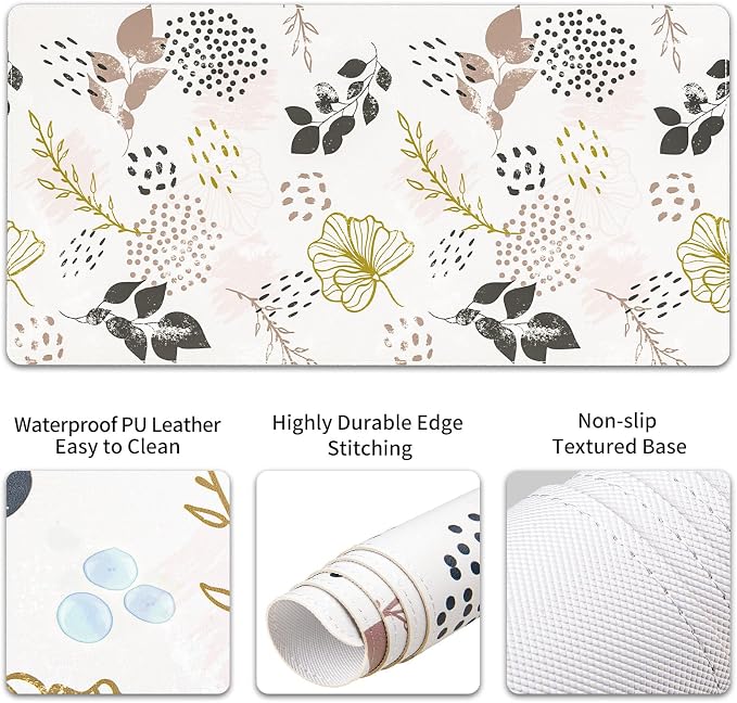 QIYI Leather Desk Mat Set, 4-in-1 Large Mouse Pad with Wrist Rest, Non-Slip Desk Pad + Keyboard Wrist Rest + Mouse Wrist Support + Coaster, Office Desk Accessories Home Decor Supplies, Botanical Leaf