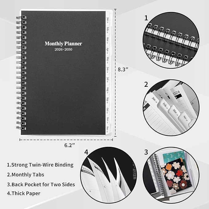 2026-2030 Monthly Planner/Calendar - 5 Year Planner 2026-2030 with Tabs, Jan 2026 - Dec 2030, 6.4" x 8.5", 60 Monthly Calendar, Two-Side Pocket, 9 Notes Pages, Suitable for Long-Term Planning