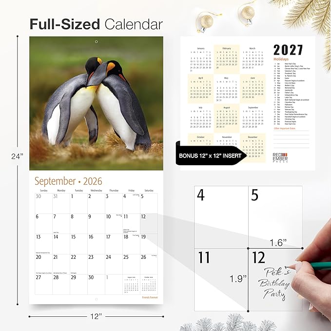 RED EMBER Friends Forever 2026 Wall Calendar 12 Month | 12” x 24” Open | Thick & Sturdy Paper | Holiday Gift | Animal Unlikely Friendships Calendar 2026