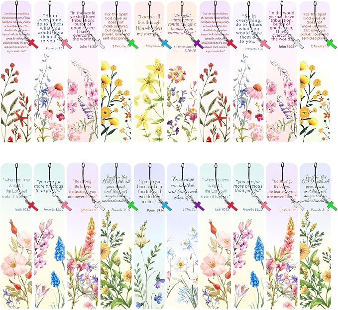 24 Pcs Bible Verses Bookmark with Cross Pendants Christian Bookmarks for Women Inspirational Scripture Book Marks Positive Flower Marker Motivational Religious Gifts for Church Reading Supplies
