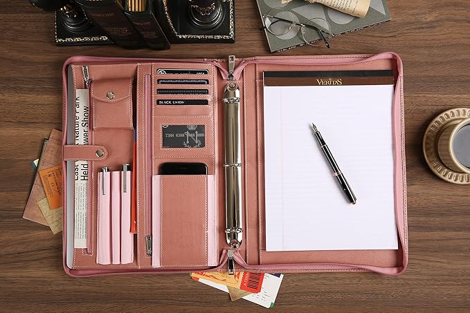 Pink Leather Padfolio for Women, Business Leather Binder 3 Ring Portfolio, Personalzied Leather Portfolio Binder, Zippered Portfolio Organizer for A4 Letter Size Notepad & 13-inch Laptop/Tablet