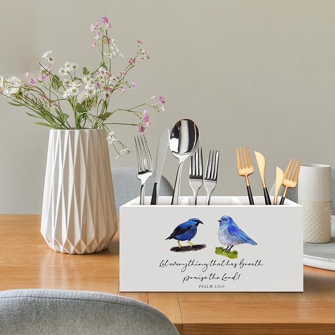 Blue Bird Christian Bible Verse Pen Holder, Christian Gifts Office Pen Pencil Holder Organizer for Desk Accessories, Bird Gifts Wooden Box Desk Decor for Home Office Desk Decorations